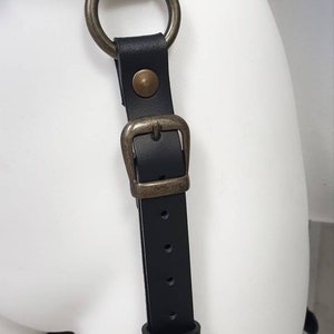 Puede incluir: Arn&eacute;s de cuero negro con hebilla de metal y anillo en D. El arn&eacute;s tiene m&uacute;ltiples correas y es ajustable.