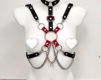 Black and Red Industrial Harness - Grunge Goth Leather Harness