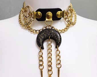 QLEUIFT 1 PCS Catena sovrapposta, Gothic Boho Y2k - Collana a Forma di Luna con Stella, Collana Gotica, per Halloween, Regalo di Natale per Donne, Nero