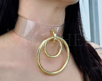 Clear PVC Choker - Large Gold Ring Grunge Collar