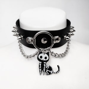 Leather Spike Choker - Skeleton Kitty Charm Goth Necklace
