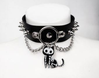 Leather Spike Choker - Skeleton Kitty Charm Goth Necklace