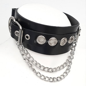 Zwarte leren choker met kettingen - grunge-goth-kraag