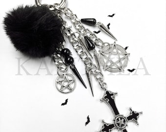Halloween Cross Keychain With Black Fluffy Pompom - Gothic Bag Charms