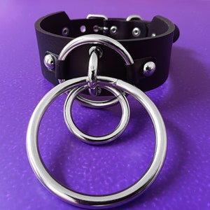Black Leather Choker With Rings - Grunge Goth Collar