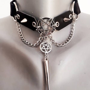 Gotische leren choker met pentagram - heidense wicca choker met spikes