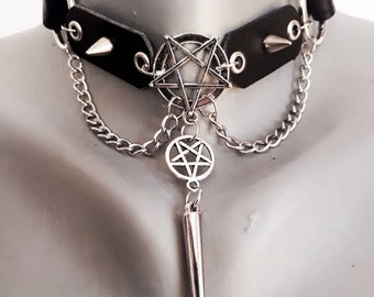 Gotische lederen Pentagram Choker - Heidense Wicca Spiked Choker