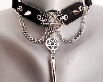 Gothic Leather Pentagram Choker - Pagan Wicca Spiked Choker