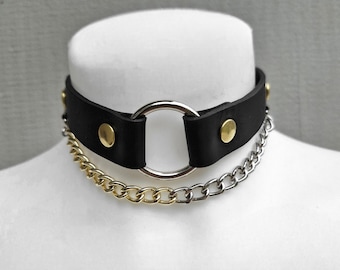 Two- Tone Silver And Gold Leather Choker Necklace - Minimalist Mixed Color Goth Choker