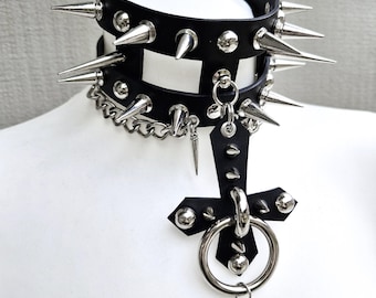 Genuine Leather Black Metal Inspired Choker With Large Spikes and Chains - Cross Pendant Collar