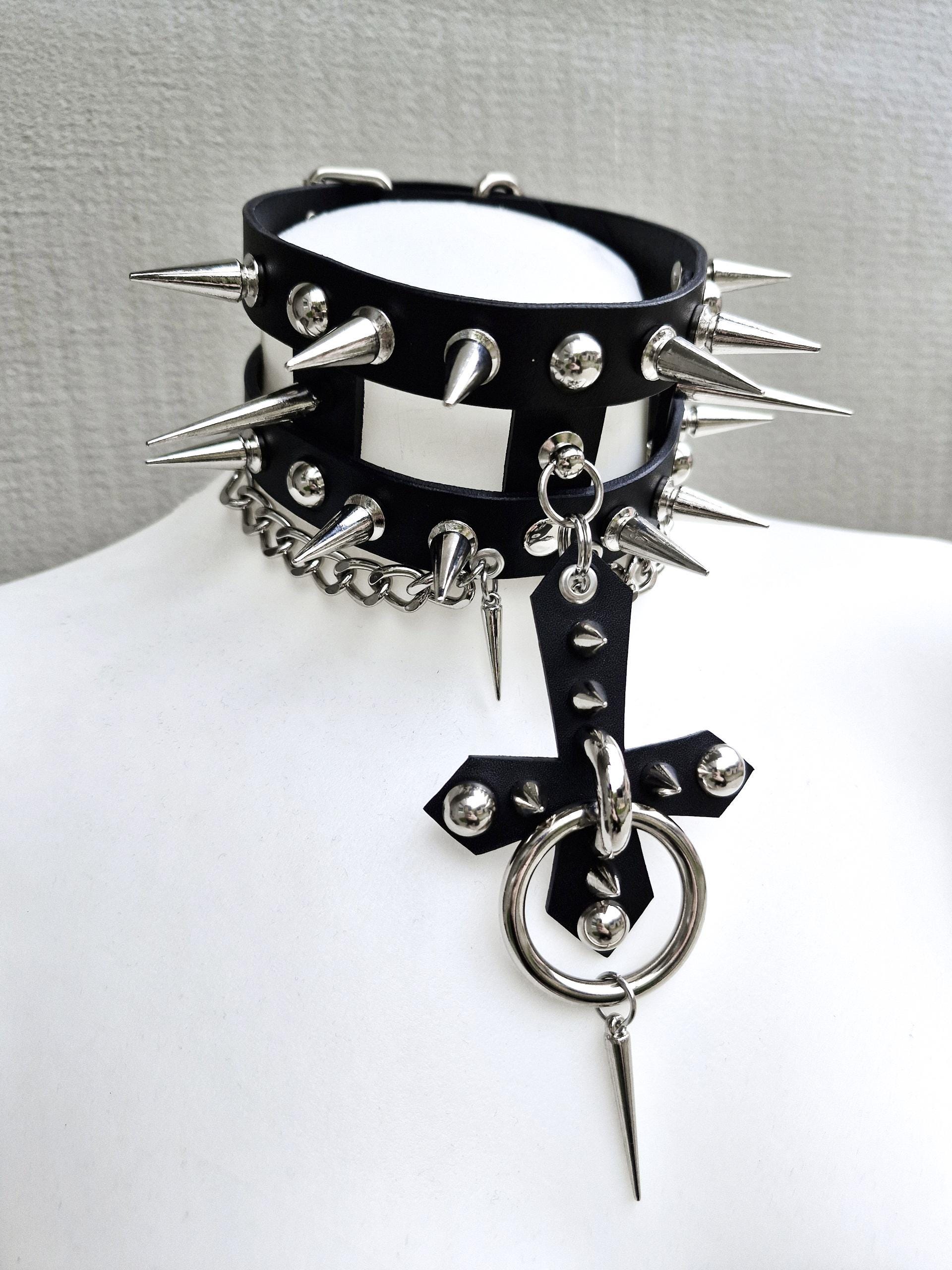 Genuine Leather Black Metal Inspired Choker With Large Spikes and