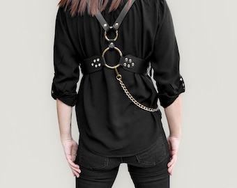 Black Leather Statement Harness for Women - Mixed Color Hardware Grunge Goth Harness