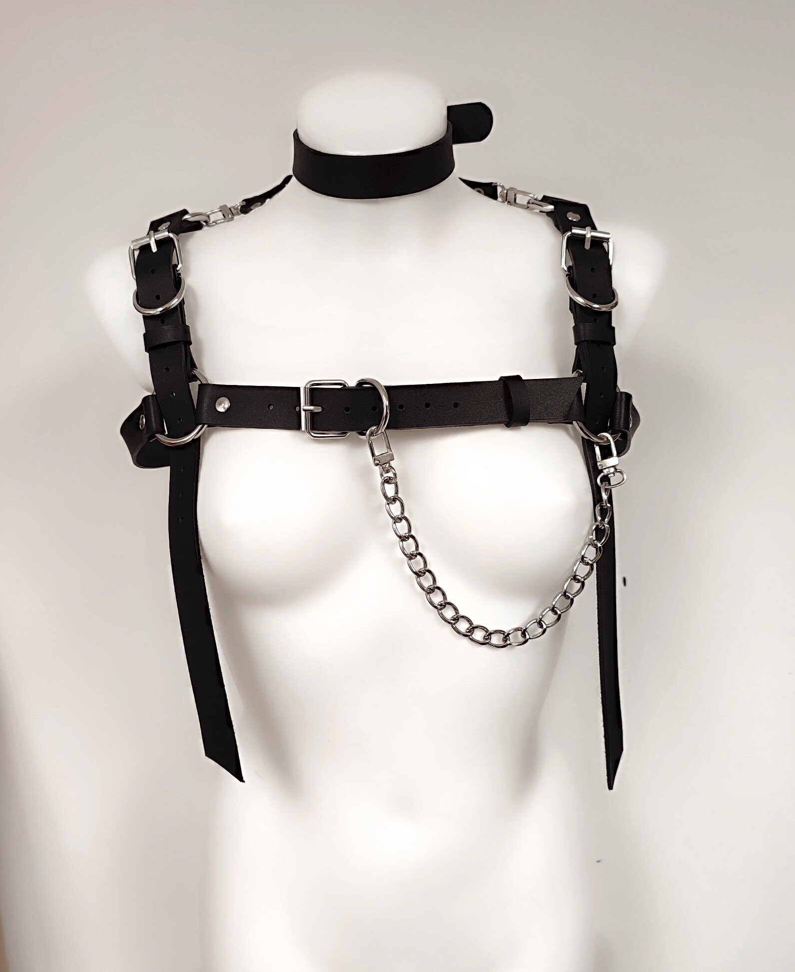 Leather choker harness strap chain ring punk goth Ring Strap Shoulder Harness – Midnight Hour main image 3
