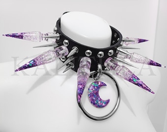 Leather Gothic Choker: Large Purple Glitter Spikes, "Hysteria Moon" Collar