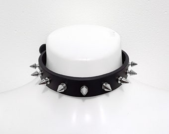 Black Leather Spiked Choker - Classic Grunge Goth Collar