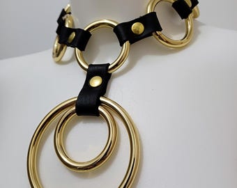 Gothic Leather Choker Necklace With Gold Colored Rings - Grunge Goth Statement Neck Piece