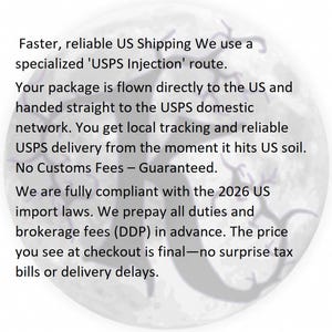 May include: A circular graphic featuring a large, dark, stylized letter K in the center against a pale, moon-like background with tree branch silhouettes. The text reads: Faster, reliable US Shipping We use a specialized 'USPS Injection' route.