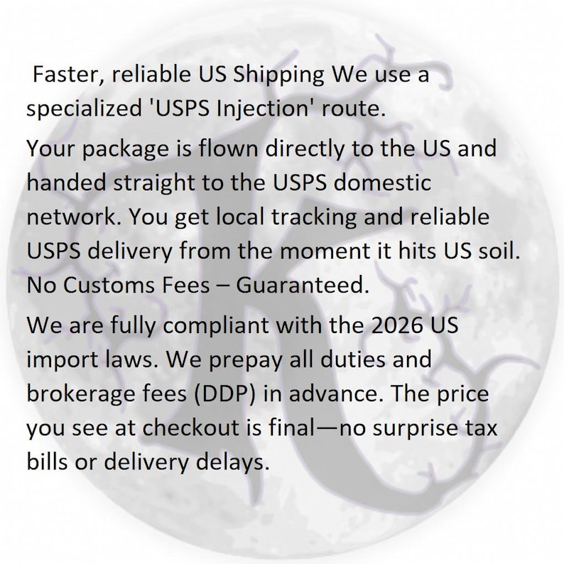 May include: A circular graphic featuring a large, dark, stylized letter K in the center against a pale, moon-like background with tree branch silhouettes. The text reads: Faster, reliable US Shipping We use a specialized 'USPS Injection' route.