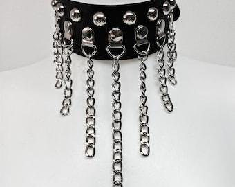 Leather  Handmade Chain Choker Collar, Gothic Punk Choker Necklace, Black Studded  Alt Festival Jewelry