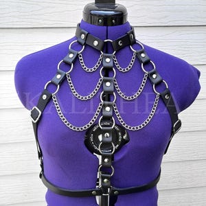 Puede incluir: Arnés de cuero negro con cadenas plateadas y múltiples anillos. El arnés tiene un escote de estilo gargantilla y correas ajustables.