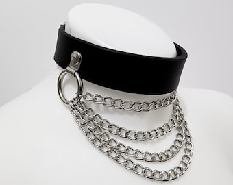 Black Leather Grunge Goth Choker - Collar With Silver Color Chains