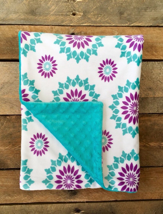 turquoise minky dot baby blanket Grey chevron