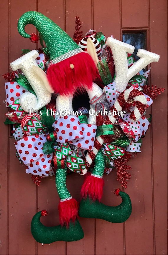 Christmas Wreath, Elf Wreath, Deco Mesh Wreath, Elf Hat Wreath
