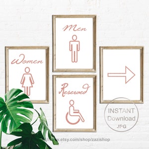 Women Men PWD Reserved Arrow to Toilet Rose Gold Bathroom Signs | Printable Set of 4