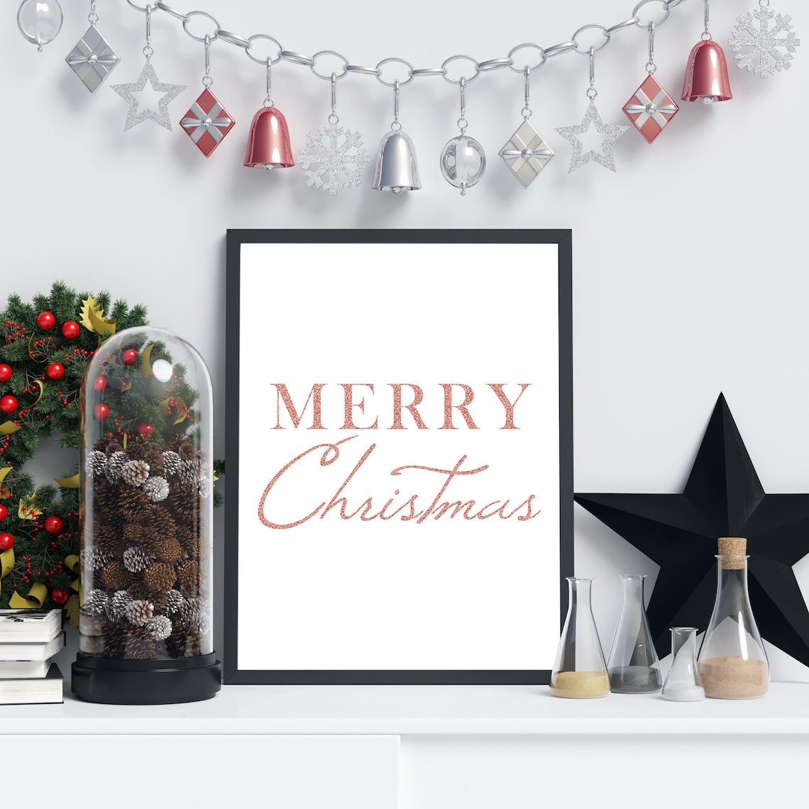 Merry Christmas Sign, Modern Home Decor Printable Sign Wall Art Rose