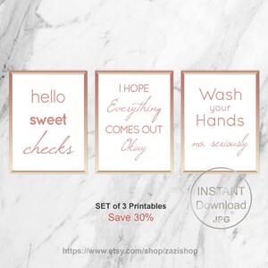 Hello Sweet Cheeks Hope Everything Comes Okay Wash Your Hands Set of 3 Rose Gold Bathroom Signs Printable