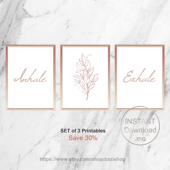 Inhale Exhale Botanical Set of 3 Rose Gold Wall Art Bathroom Sign Printable