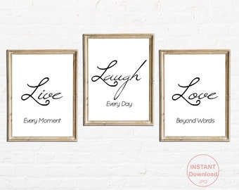 Live Laugh Love Family Inspirational Signs Printable Set of 3 | Black and White