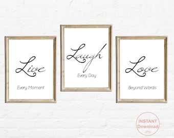 Live Laugh Love Family Inspirational Signs Printable Set of 3 | Black and White