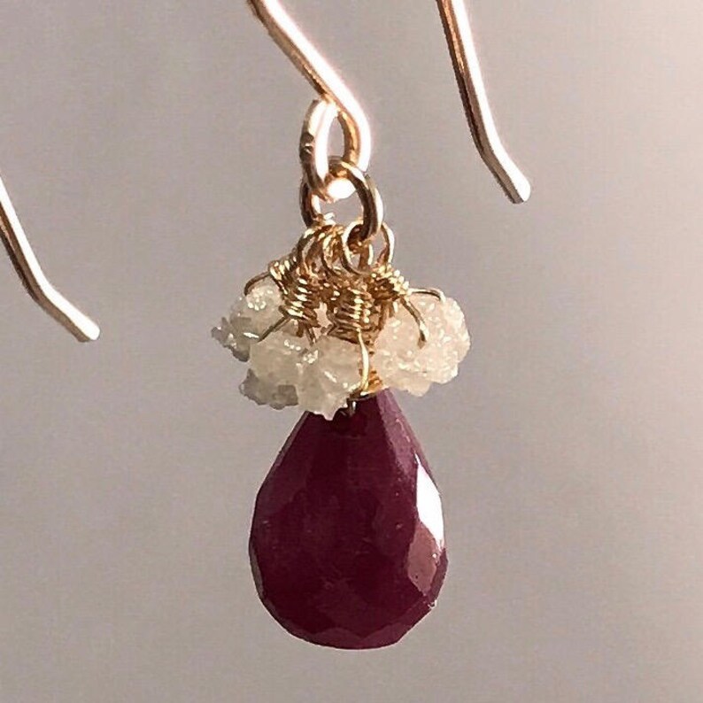 Ruby earrings, diamond earrings, raw, red, white, natural, genuine, gold, rough cut, nuggets, teardrop,dangle, drop,July birthstone, organic image 3