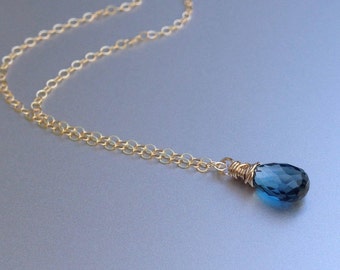 London Blue Topaz Necklace, blue, pendant, gold, rose gold, sterling silver, December birthstone, dainty, wire wrap, blue gemstone