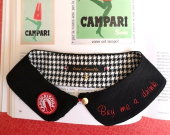 Black cotton Peter Pan collar with embroidered Campari Soda crown cap and "Buy me a drink" writing