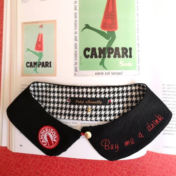 Black cotton Peter Pan collar with embroidered Campari Soda crown cap and "Buy me a drink" writing