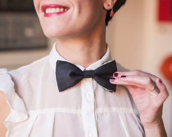 Black silk Bow tie with Liberty fabric reverse