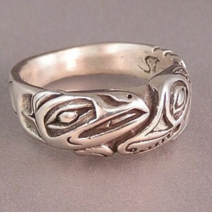 Puede incluir: Un anillo de plata con un diseño detallado de dos pájaros estilizados que se miran. El anillo es ancho y tiene una banda redondeada.