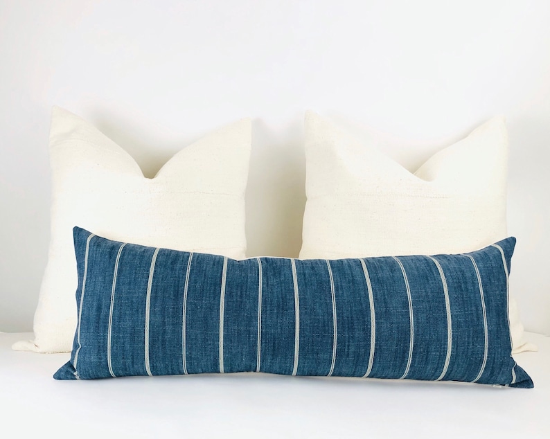 Extra Long Lumbar Pillow Cover *Marek XXL Lumbar* Modern Stripe Farmhouse Pillow Cover Indigo Blue Lumbar Pillow
