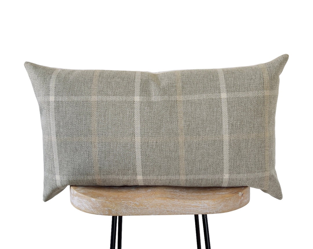 Plaid Lumbar Pillow Cover, 14x24 Grey Herringbone & Cream Lumbar