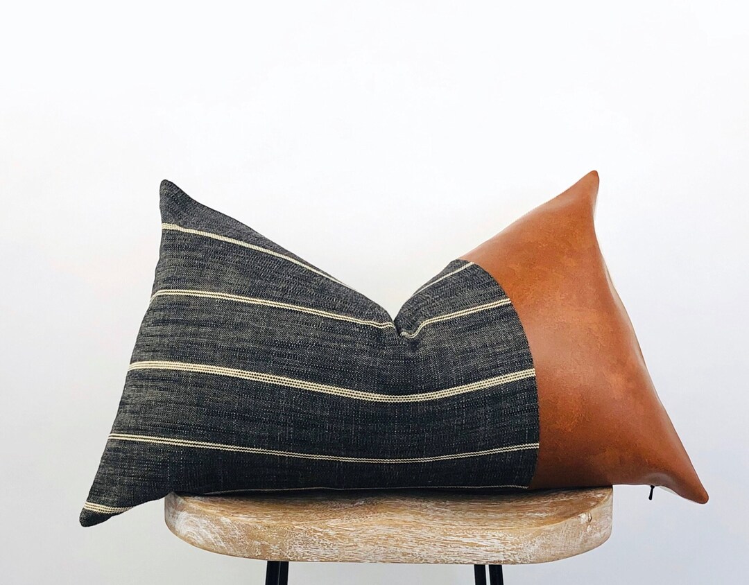Modern Farmhouse Lumbar Faux Leather Pillow Charcoal Grey Etsy