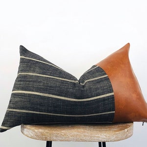 Gray Lumbar Pillow Cover, 12x24 Faux Leather Pillow, Stripe Charcoal Grey Accent Cushion, 14x24, 14x36, 16x26 Rectangle Sofa Pillows, Tavish