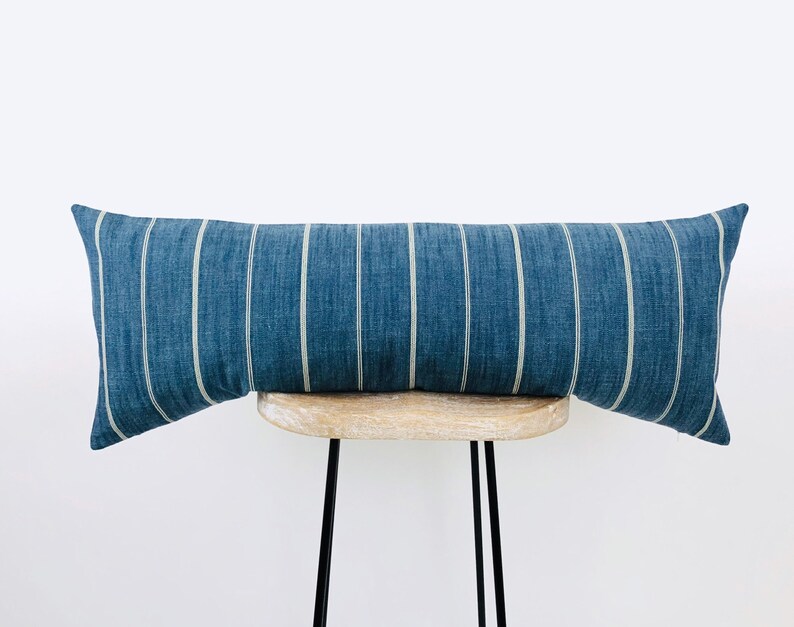 Extra Long Lumbar Pillow Cover *Marek XXL Lumbar* Modern Stripe Farmhouse Pillow Cover Indigo Blue Lumbar Pillow