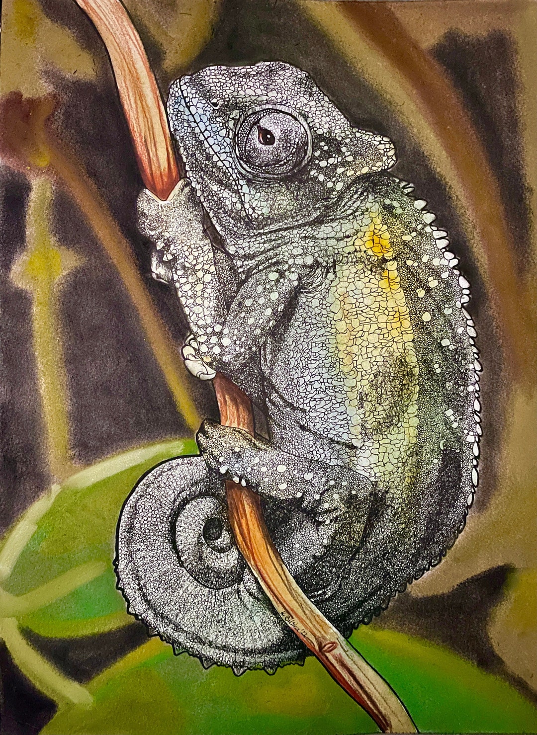 COA Original Art Drawing Green Chameleon Pet Animal Hyperealism A3 ...