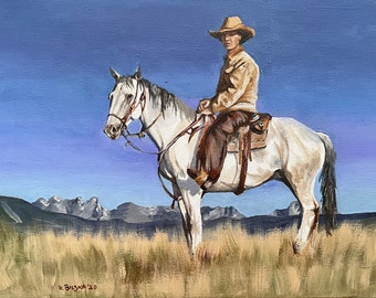 COA Original art acrylic painting Cowboy with horse realism, western, wild west 12"x16" by ArtKaska