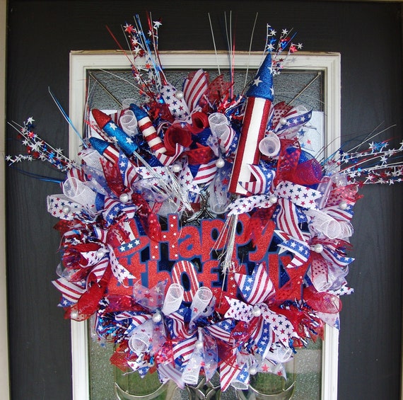 Xl Fireworks Bling Happy 4th Fourth Of July Deco Mesh Front Door Wreath Holiday Home Decor Ultimate Patriotic Party Decoation Porch