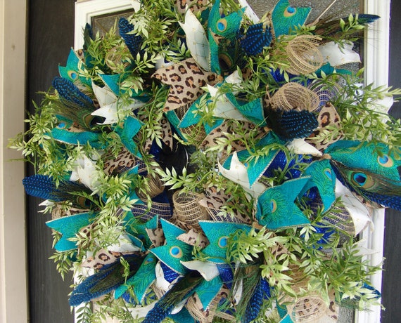 Unique Gift Idea XL 30 Peacock Animal Print Deco Mesh Front Door Wreath Welcome Porch Patio Wall Fireplace Mantel Jungle Tropical Decor