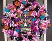 Huge Colorful Fluffy Full Day of the Dead Decor Mesh Front Door Wreath, Black Sugar Skull, Dia de los Muertos, Halloween Decoration Decor