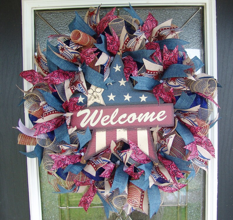 Denim Country Chic Farmhouse Patriotic 4th Of July Deco Mesh